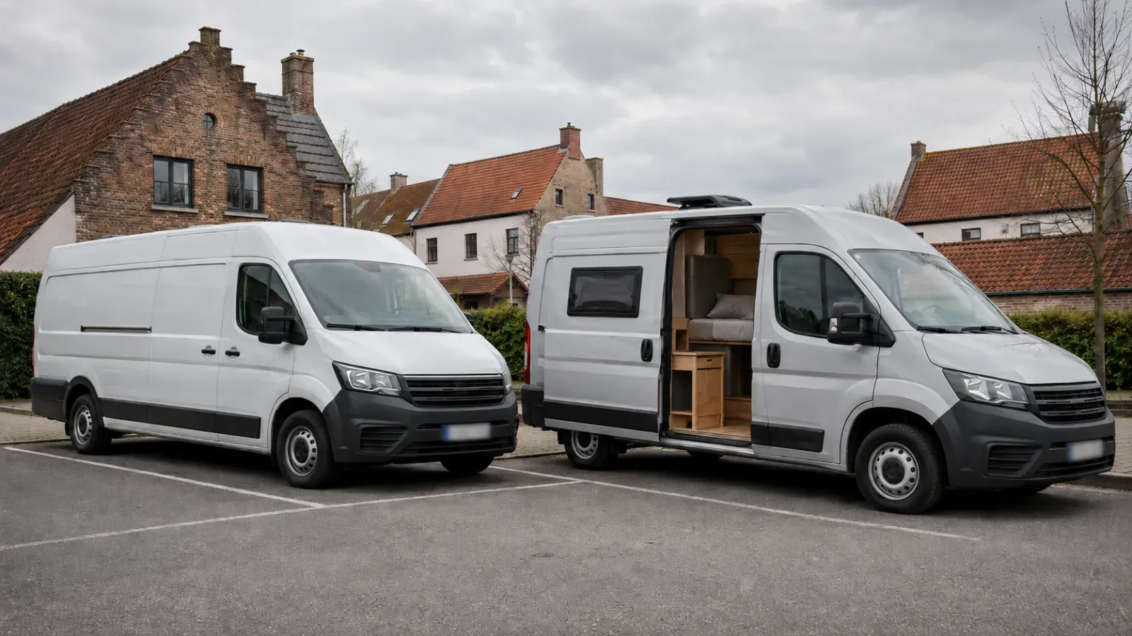 Twee witte busjes, een gesloten lichte vrachtwagen en een omgebouwde van met open zijdeur, geparkeerd bij gebouwen.