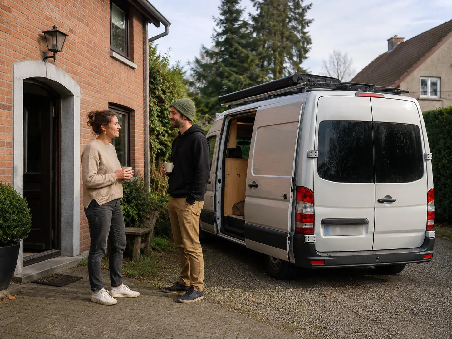 Man en vrouw praten voor een huis met een wit busje met open zijdeur.
