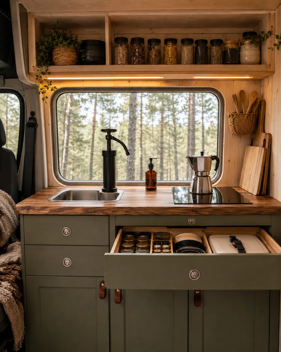 Keuken op maat met saliegroene kastjes en berkenmultiplex wanden, een houten werkblad met spoelbak en handpomp, een moka-koffiepot en kruidenpotten op een plank, voor een raam met zicht op een dennenbos.