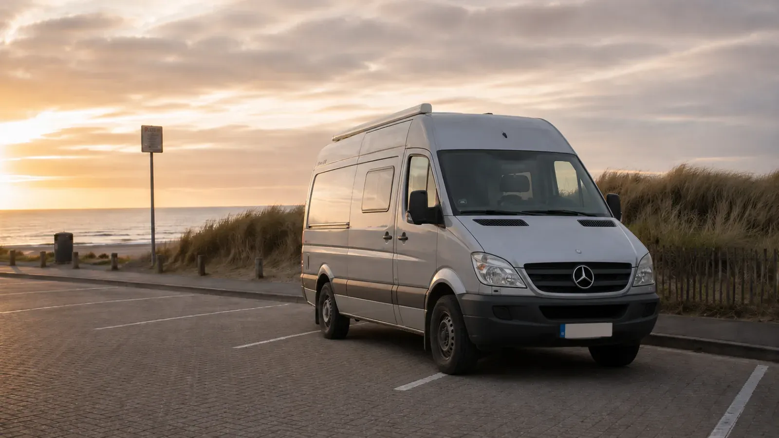Zilverkleurige Mercedes van geparkeerd op een parking aan de kust bij zonsondergang.