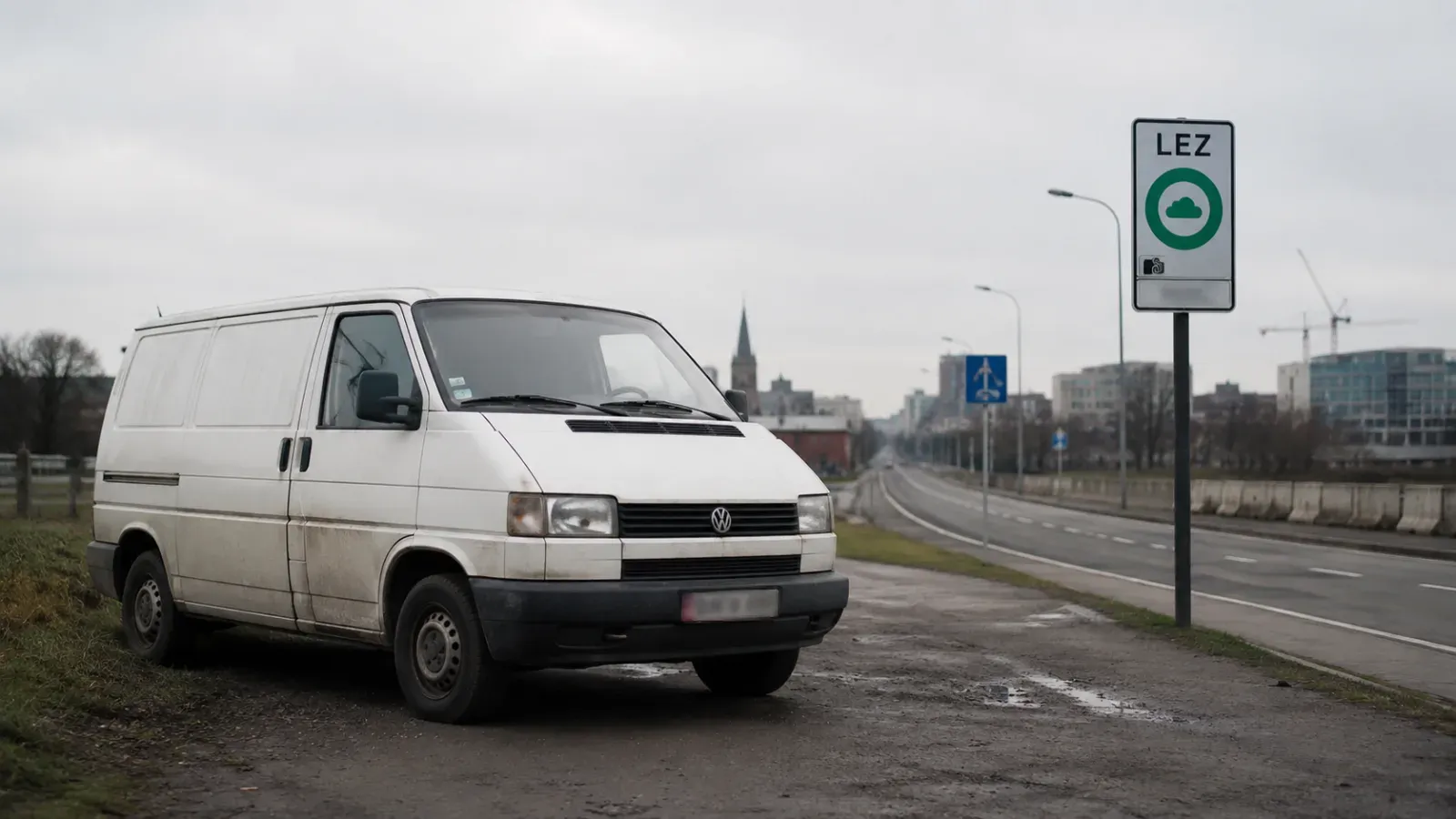Witte dieselvan geparkeerd naast een LEZ bord in België, met een weg en stad op de achtergrond.