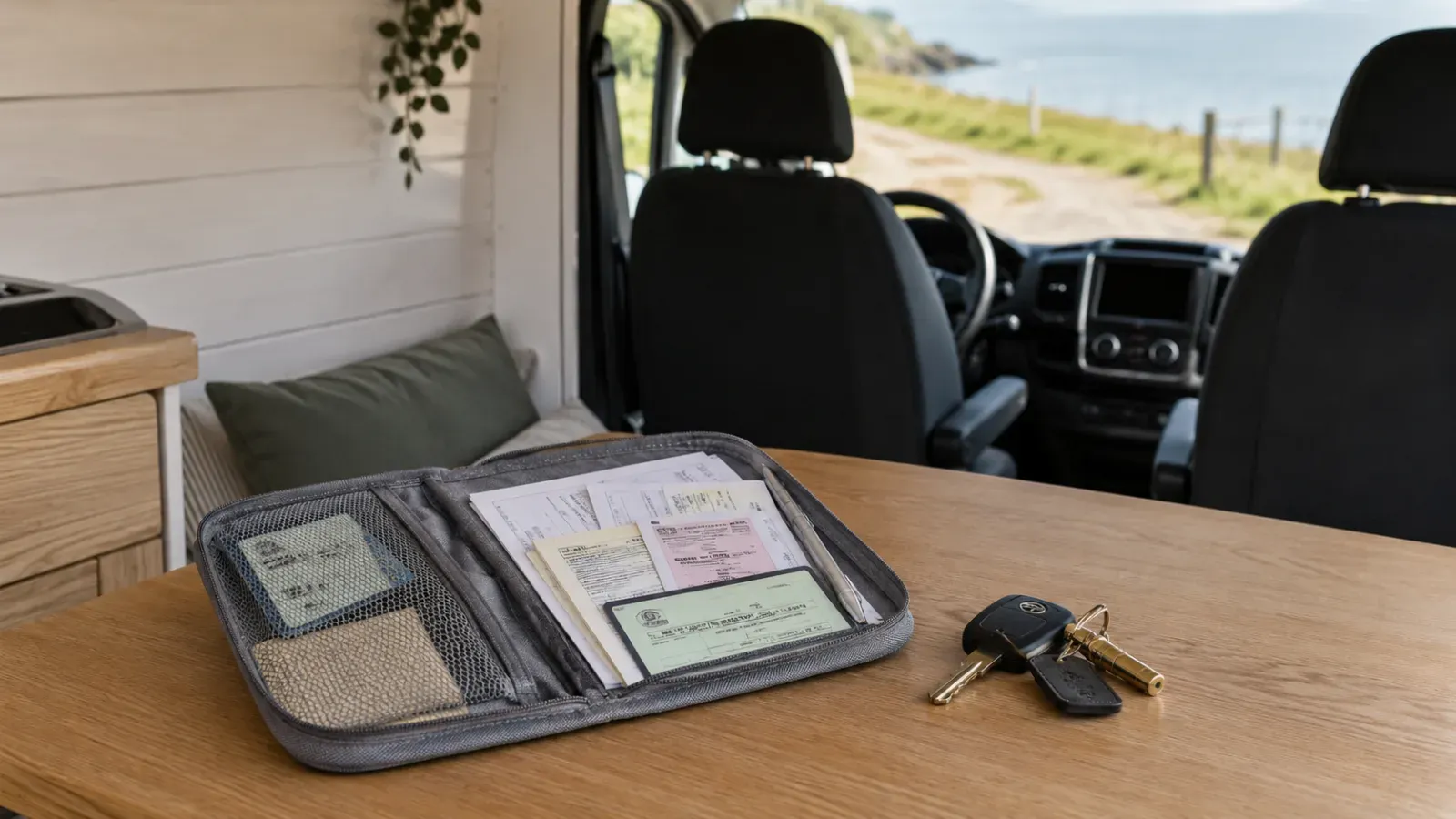 Documentenmap met papieren en autosleutels op houten tafel in een van met uitzicht op zee.