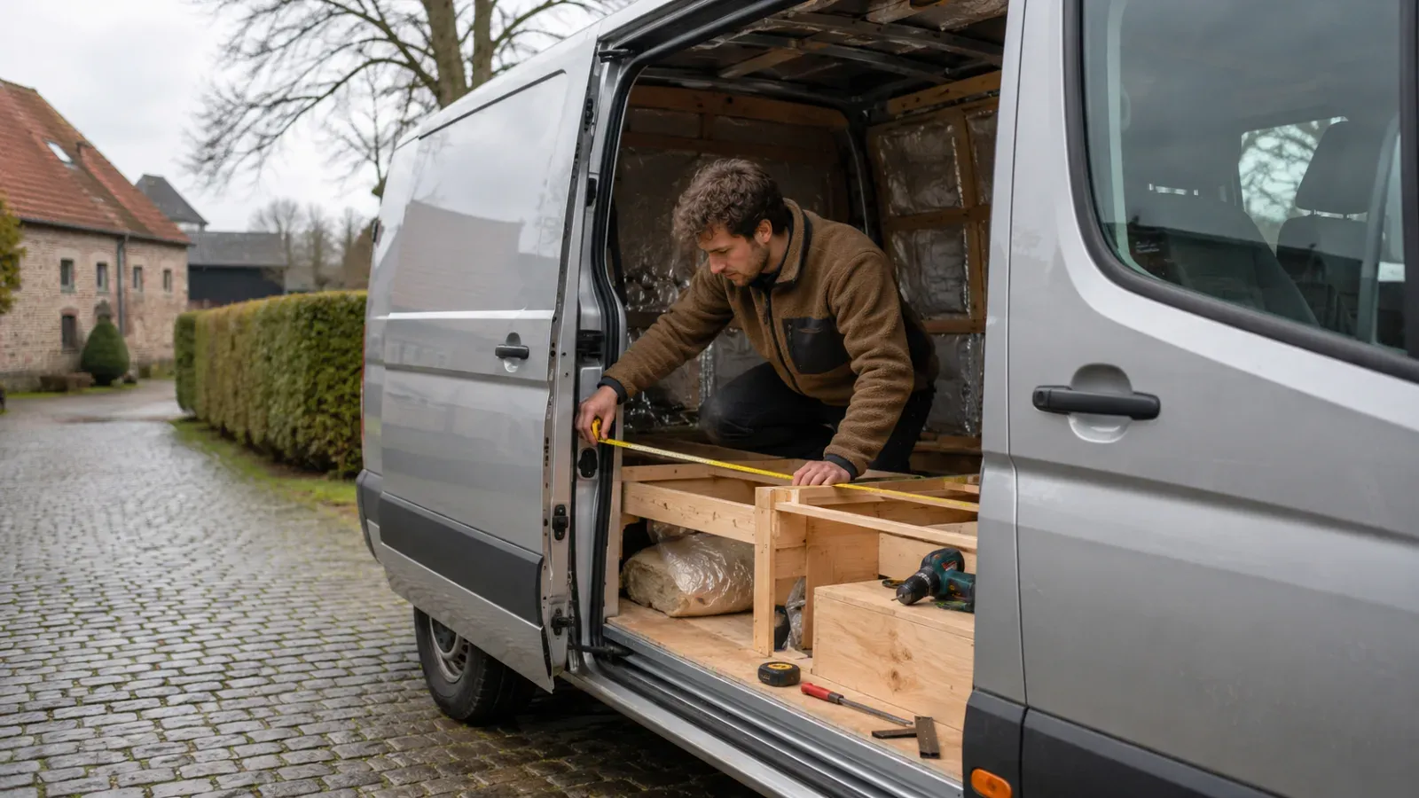 Man meet houten constructie in zilveren bestelwagen voor vanlife ombouw.