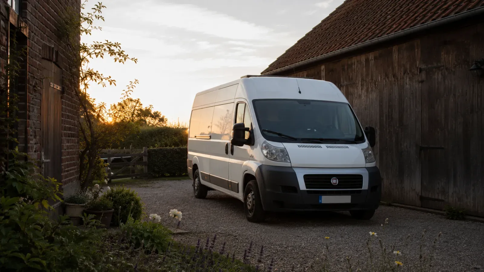 Witte van geparkeerd op een grindpad tussen rustieke gebouwen bij zonsondergang.