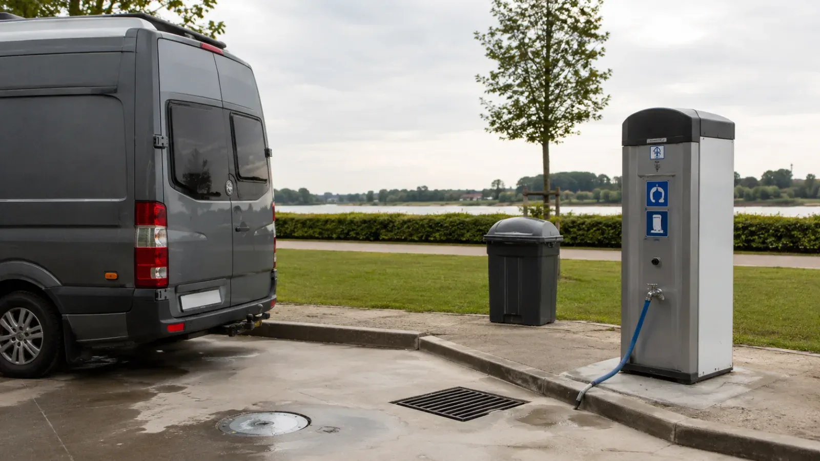 Grijze van bij servicezuil voor water en afval, met slang en afvoerput.