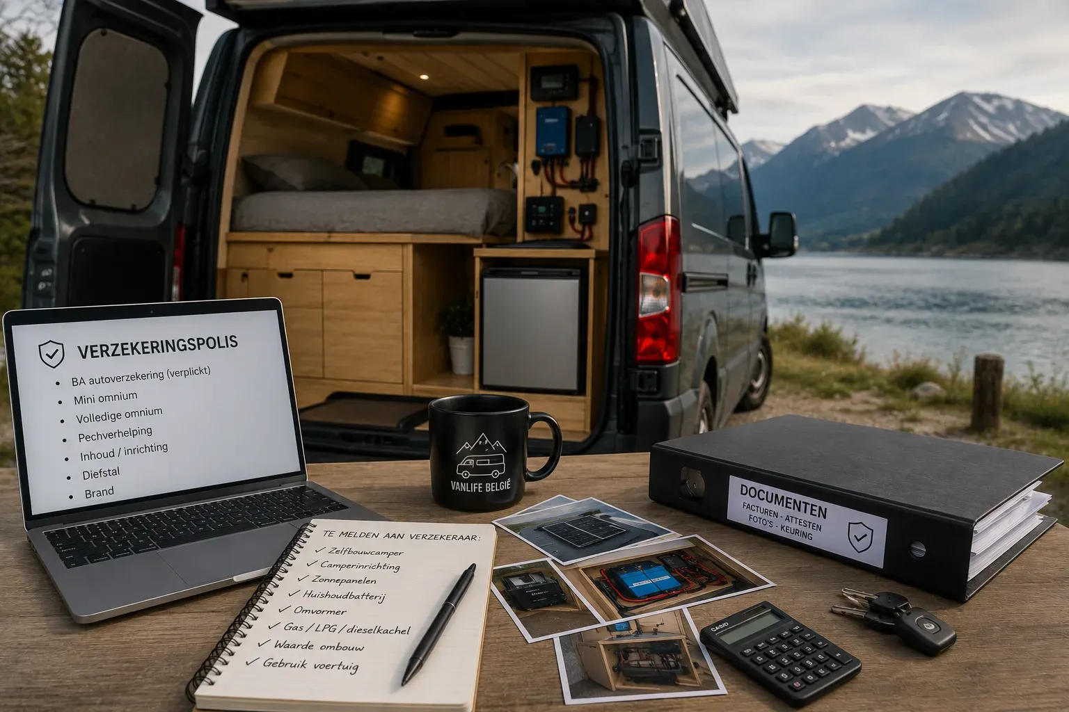 Laptop met verzekeringspolis, documenten op tafel voor een zelfbouw van bij een meer en bergen.