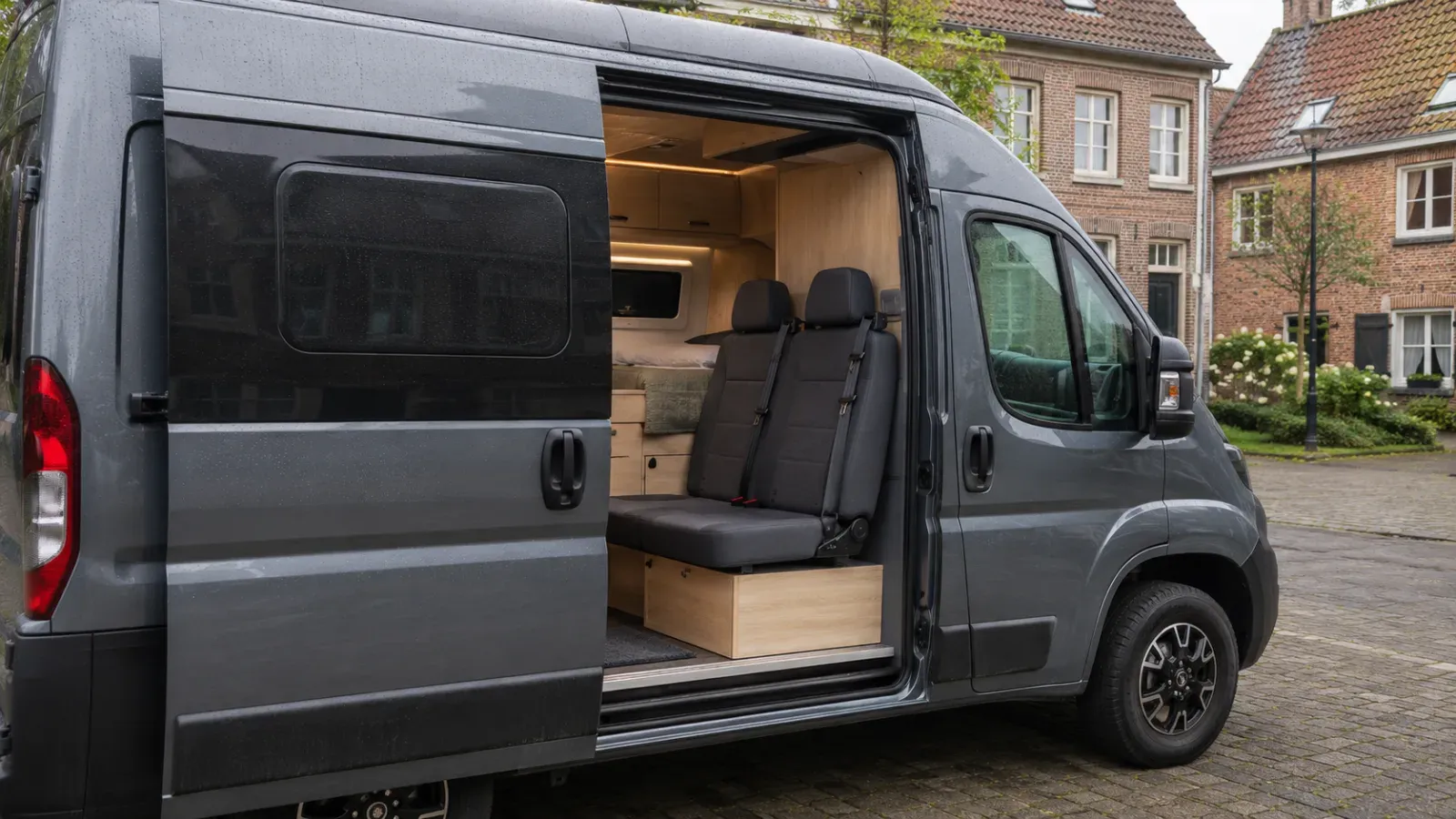 Grijze omgebouwde van met open zijdeur, twee zitplaatsen met gordels en houten interieur.