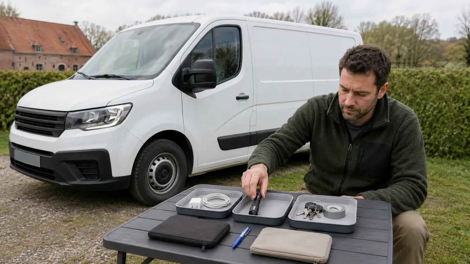 Man organiseert kleine spullen in bakjes op tafel naast een witte bestelwagen