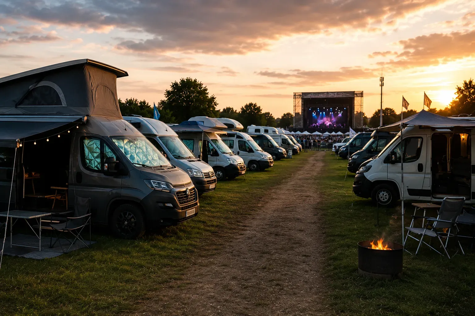 Vans op festivalparking bij zonsondergang, met verlicht podium en vuurkorf.