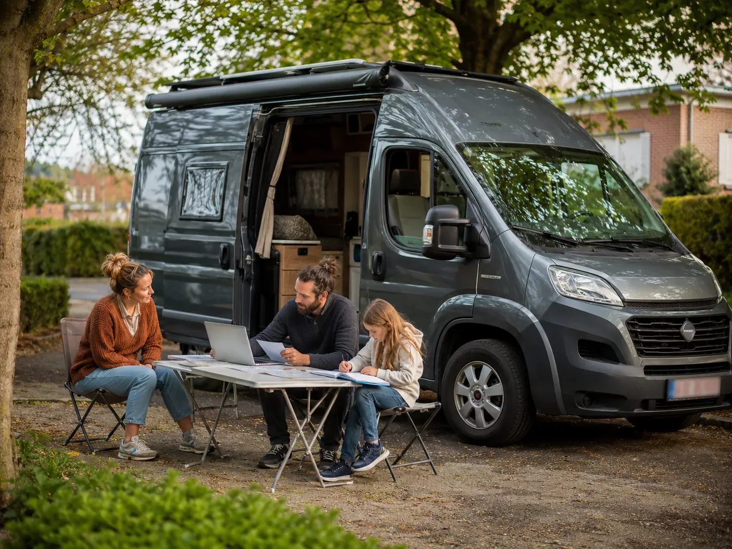 Familie werkt en studeert buiten aan tafel naast hun grijze van. Man met laptop, kind tekent.