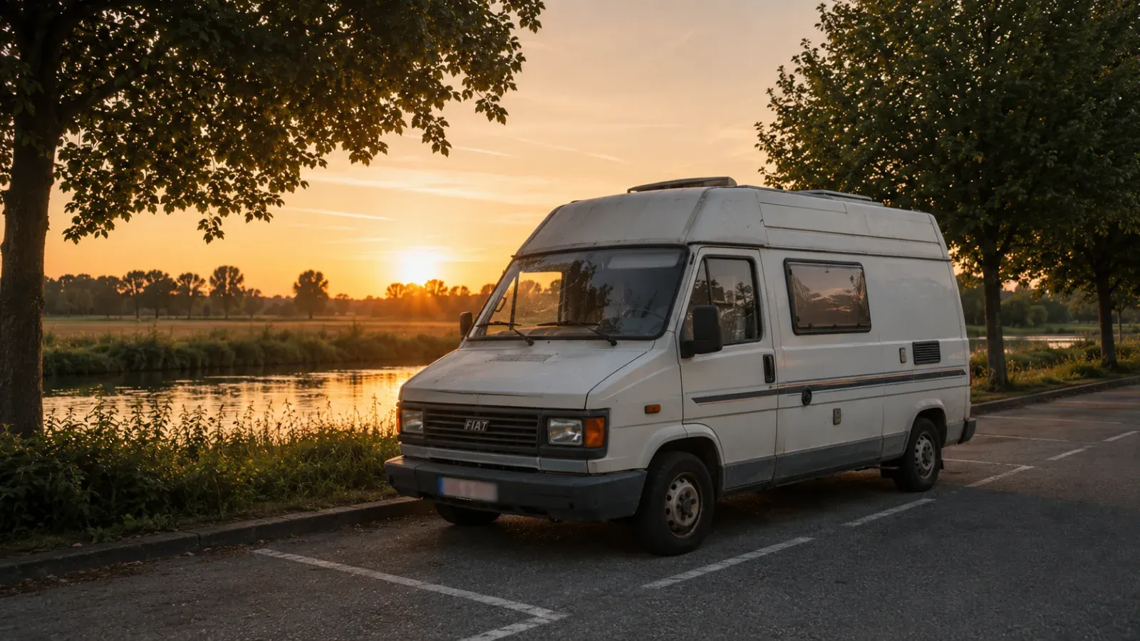 Witte van geparkeerd aan rivier bij zonsondergang, met bomen.
