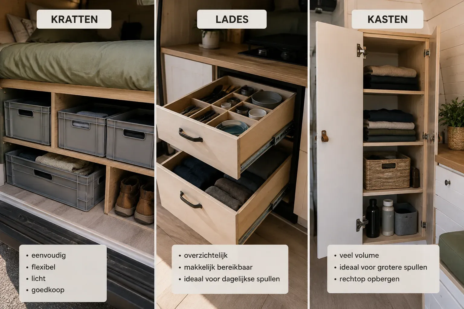 Vergelijking van opbergkratten, lades en kasten in een van voor efficiënte organisatie onderweg