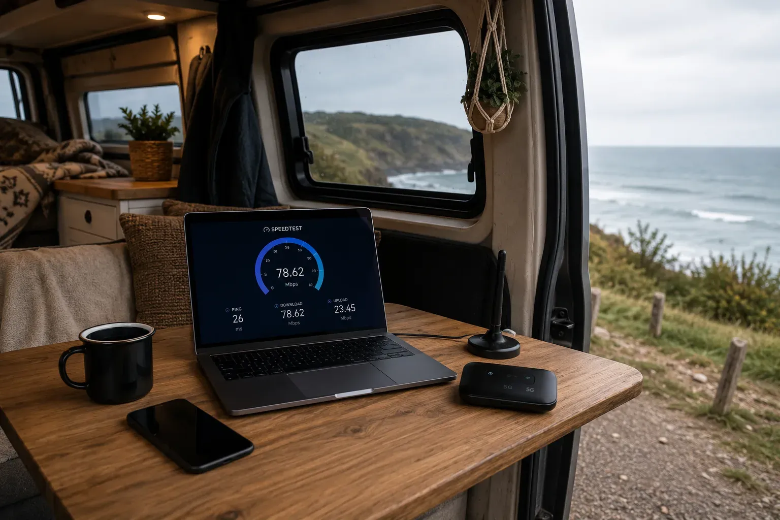 Laptop met internetsnelheidstest in een van aan de kust, met mobiele hotspot en smartphone.