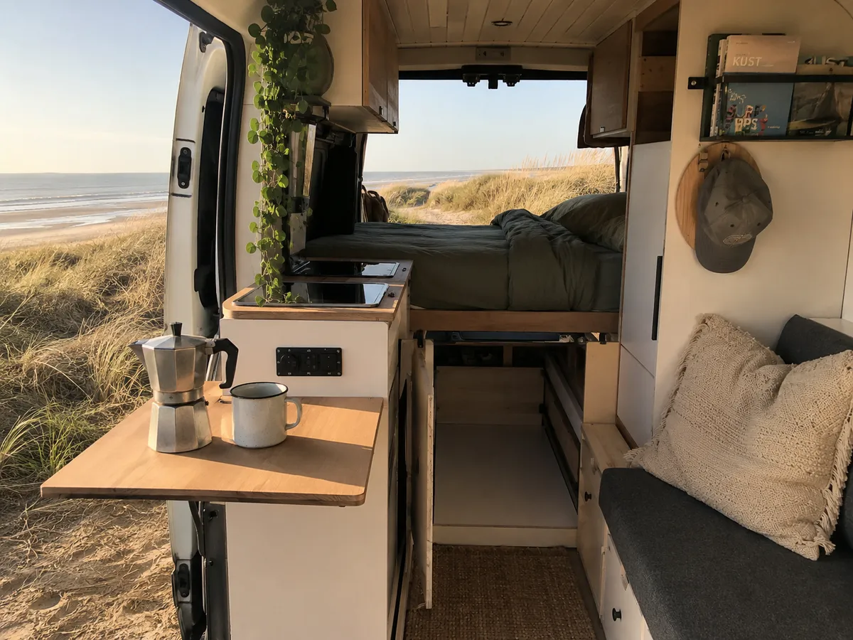 Compacte indeling met keukentje en zithoek, schuifdeur open met zicht op de duinen en de zee.