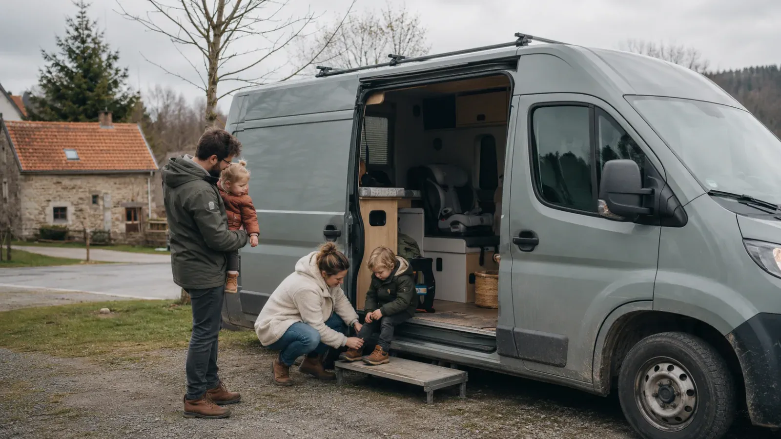 Familie met kinderen stapt uit een grijze van. Moeder helpt kind met schoenen, vader houdt baby vast.