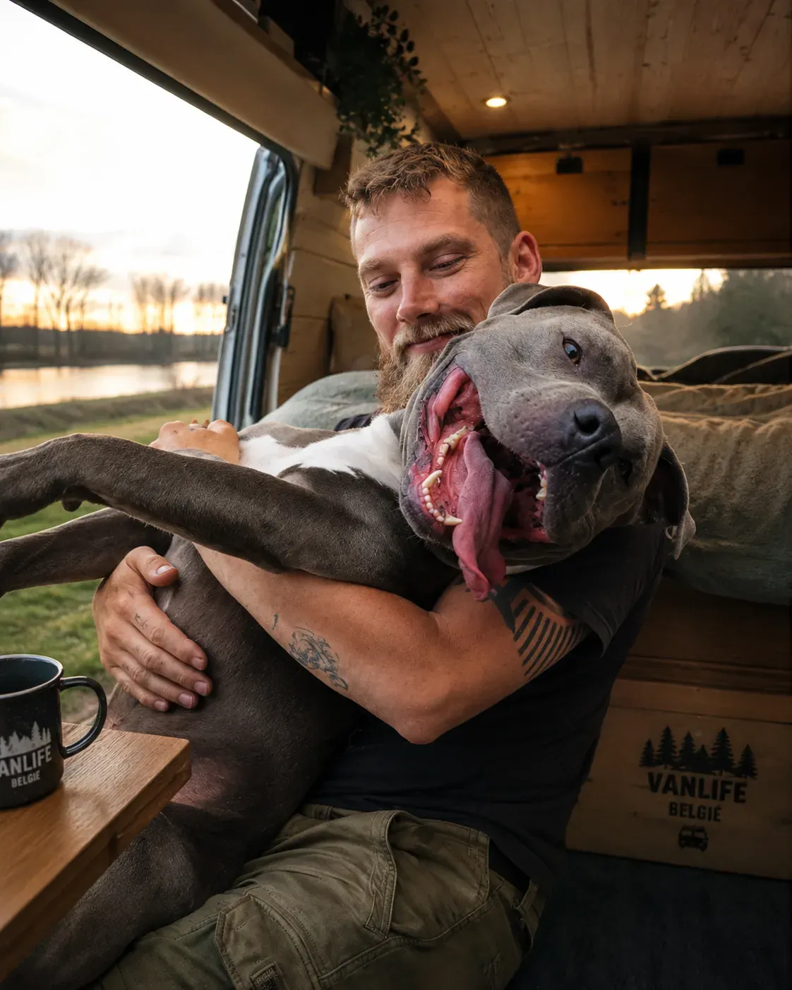 Man met baard knuffelt lachende grijze hond in van. Buiten is een landschap met water. Vanlife België.