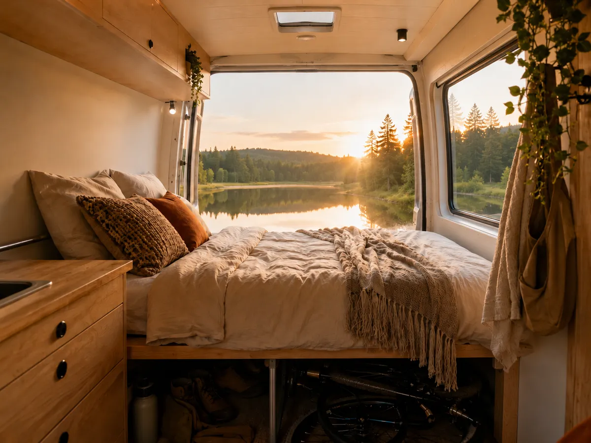 Bed achterin een omgebouwde van met groot raam en zicht op een meer bij zonsondergang.