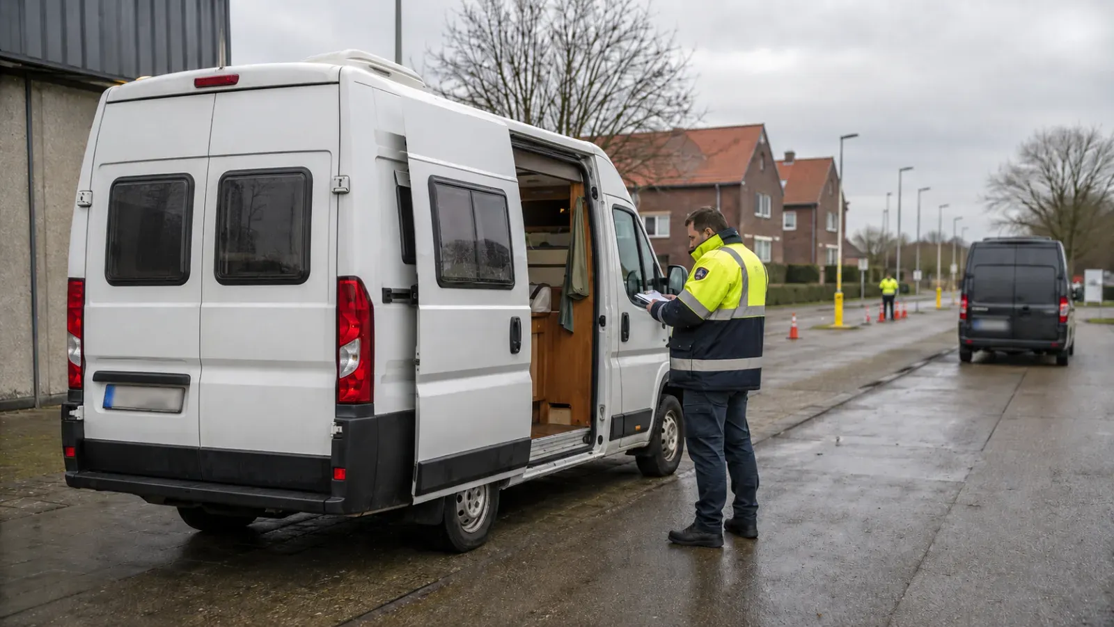 Witte bestelwagen met open zijdeur, ambtenaar in hesje controleert papieren bij verkeerscontrole.