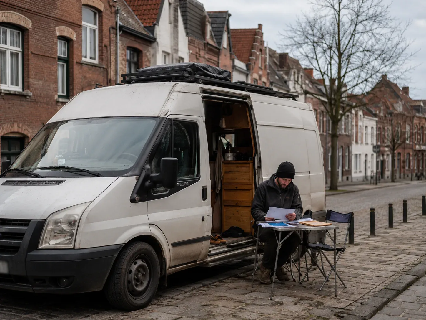 Man leest papieren aan een tafel naast zijn witte van op een kasseistraat.