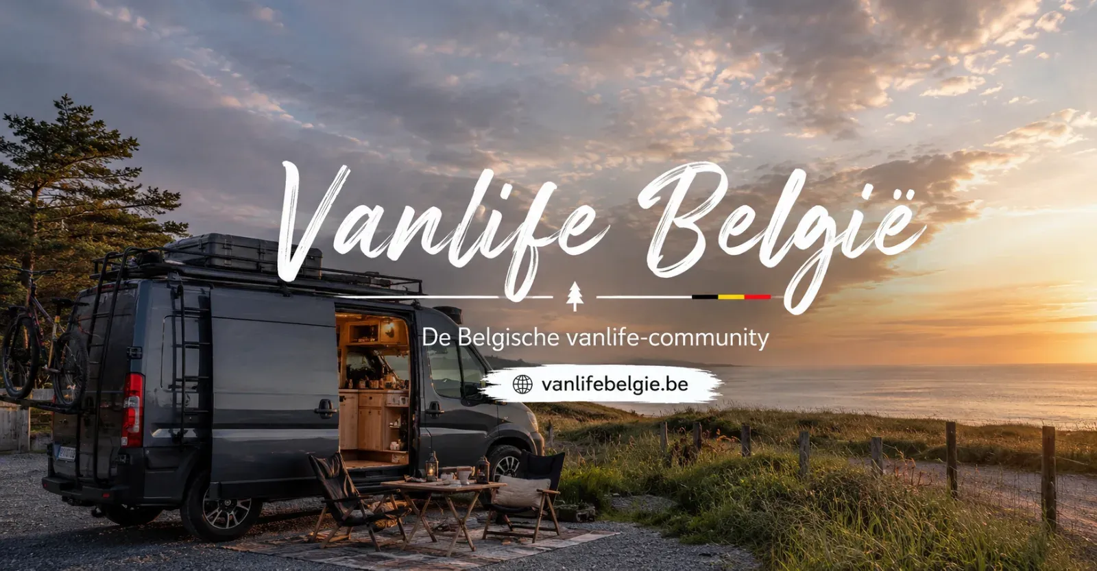 Donker busje aan zee bij zonsondergang met open deur, interieur zichtbaar. Tekst: Vanlife België.
