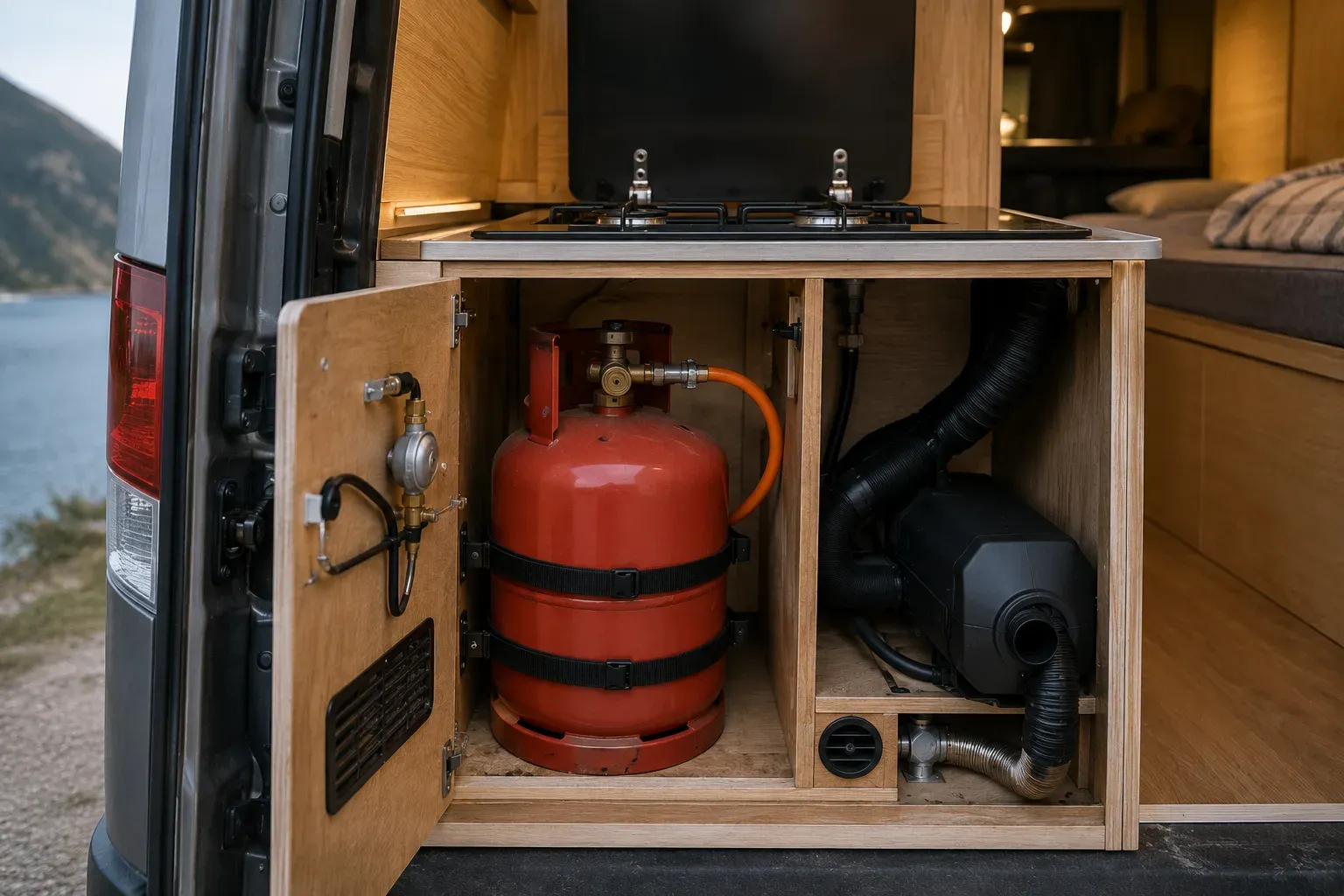 LPG gasfles en dieselkachel veilig opgeborgen in houten kast van een van.