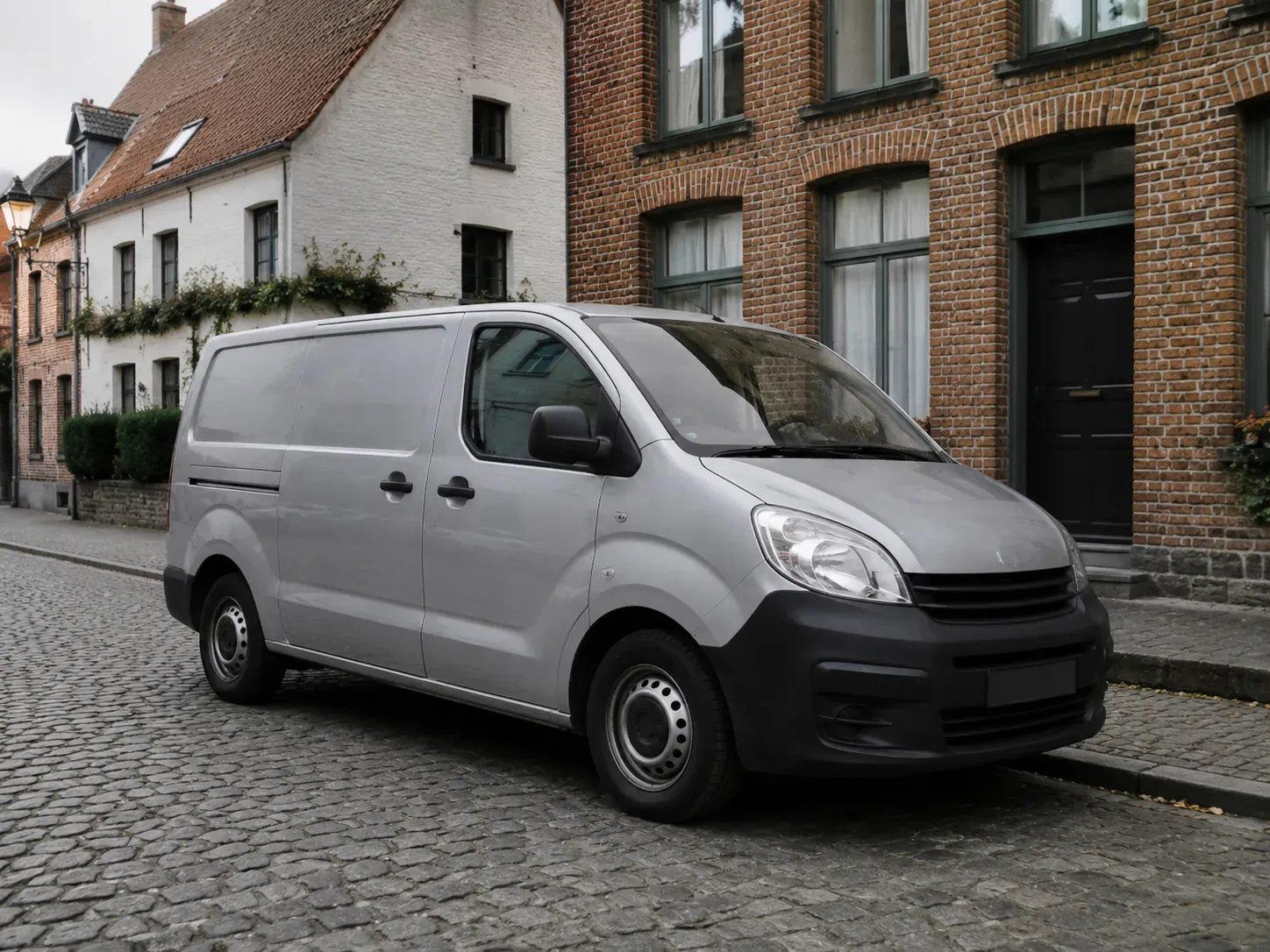 Zilveren van geparkeerd op kasseienstraat voor historische gebouwen.