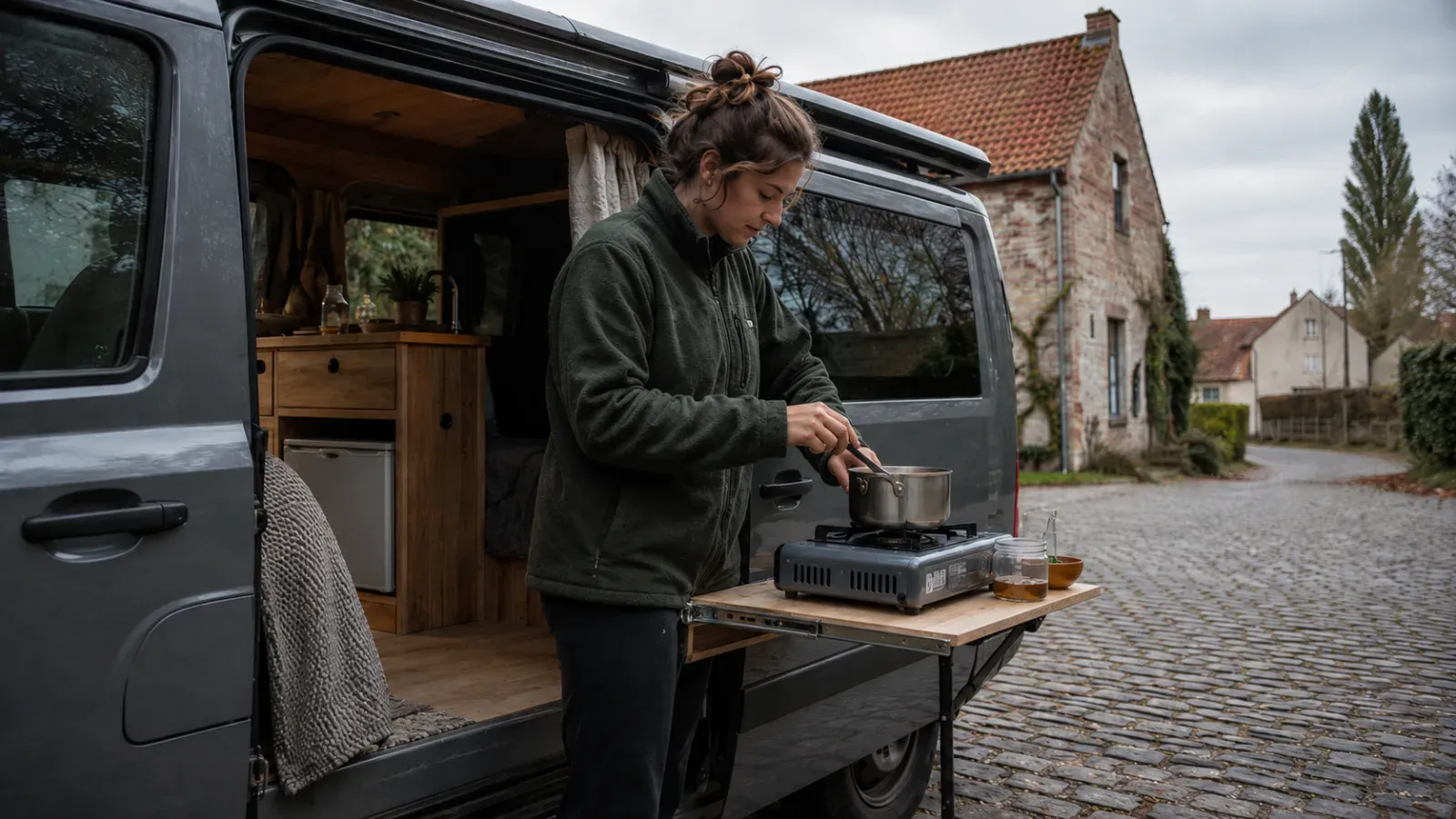 Vrouw kookt op gasfornuis buiten haar van, met open zijdeur en houten interieur, op een kasseiweg.