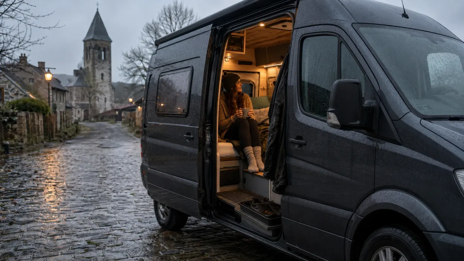 Vrouw in gezellige van op natte kasseistraat met kerktoren op de achtergrond, winterse sfeer.