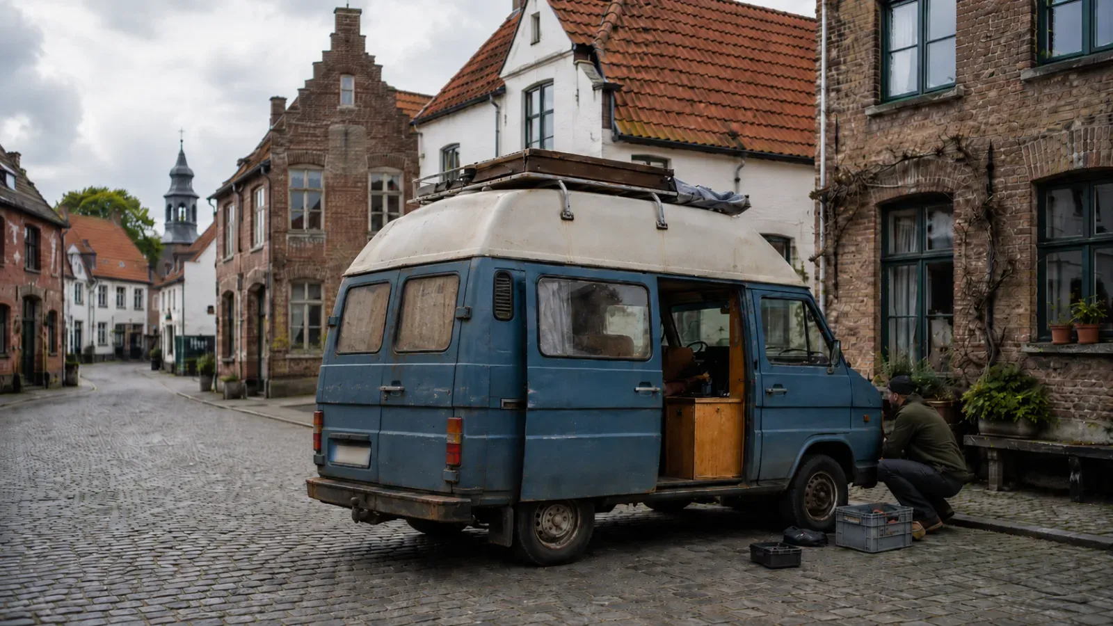 Blauwe oldtimer van op kasseienstraat, persoon sleutelt aan wiel, historische gebouwen op achtergrond.