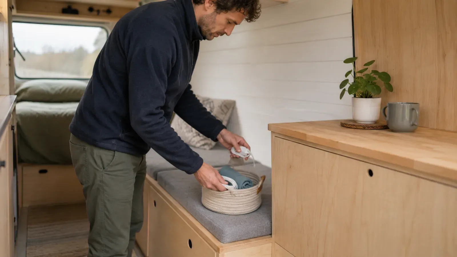 Man ruimt een mand met spullen op in een busje met houten interieur