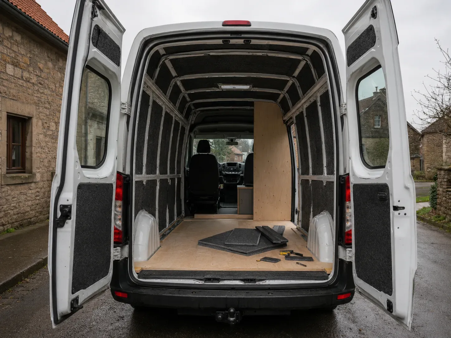Witte van met open achterdeuren, houten vloer en isolatiepanelen op de wanden, in voorbereiding voor inrichting.