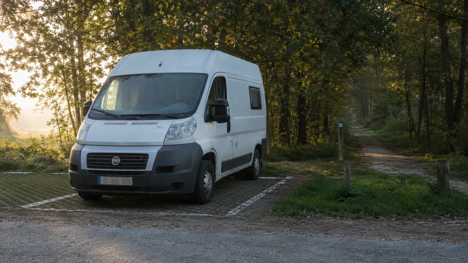 Witte van geparkeerd op gras parking naast bosweg, zonlicht door bomen.