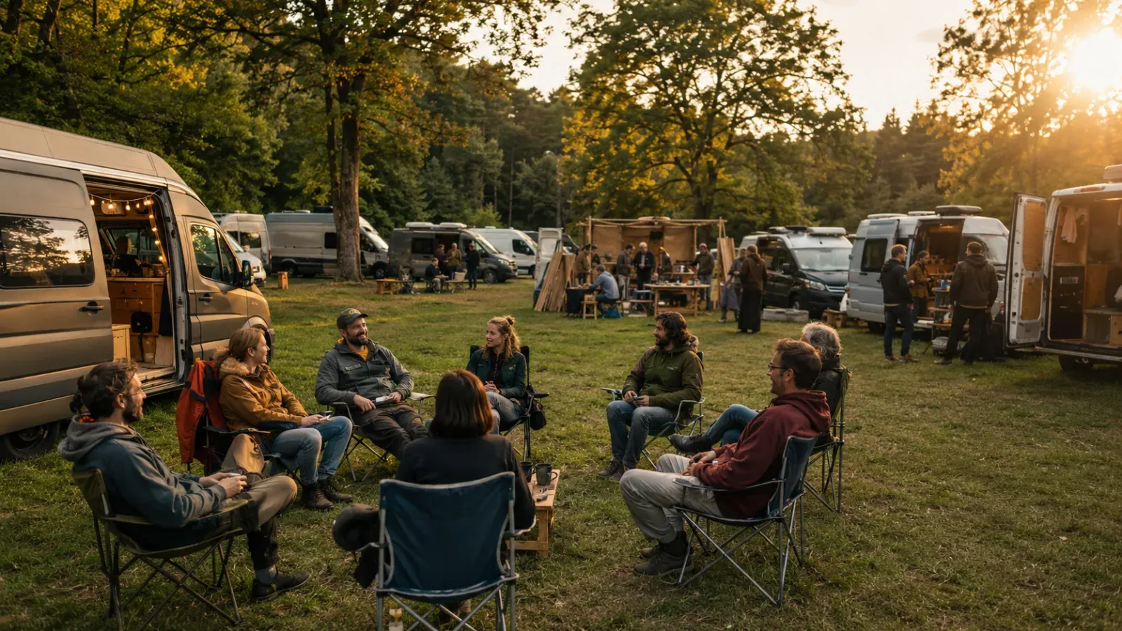 Mensen zitten in een cirkel op een grasveld omringd door vans tijdens een vanlife festival.