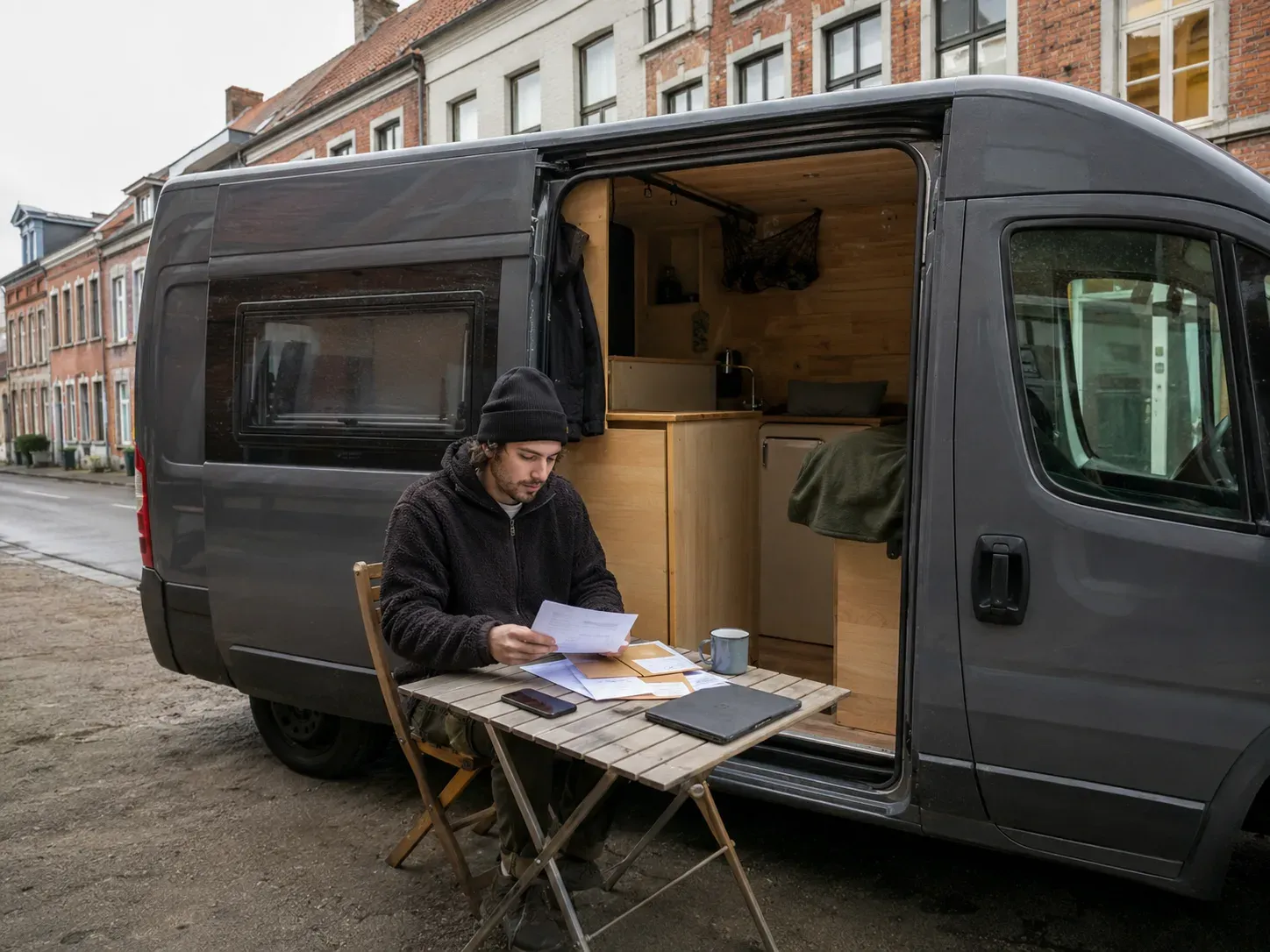 Man met muts leest papieren aan tafel naast openstaand busje met houten interieur op straat.