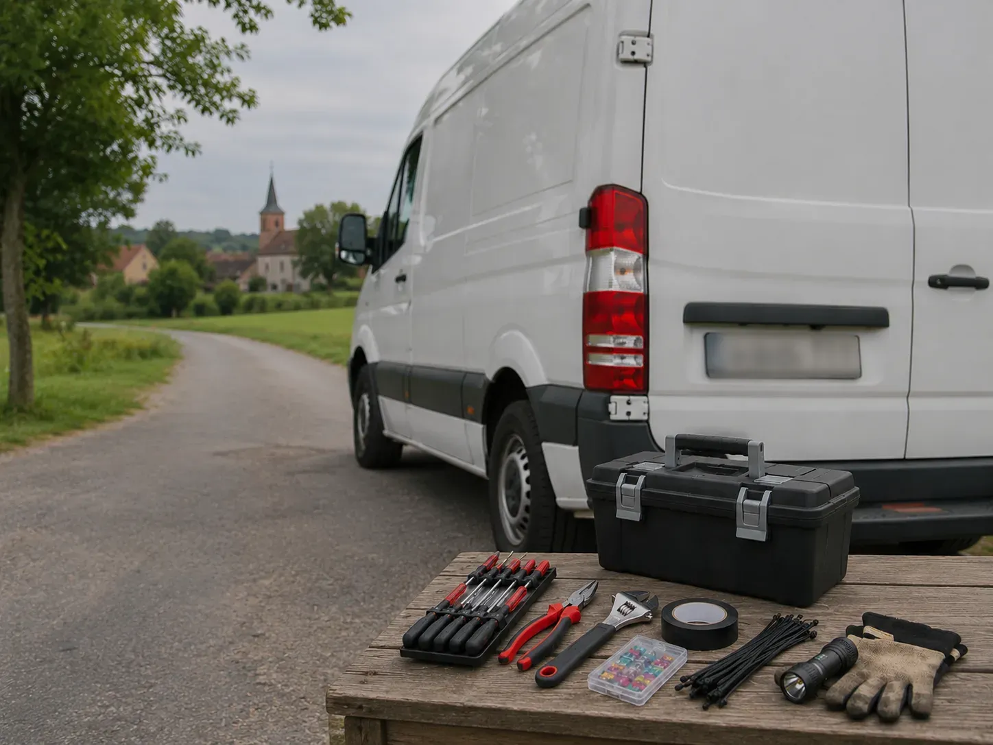Witte van geparkeerd langs landweg met basis gereedschapskist en tools voor vanlife onderhoud.