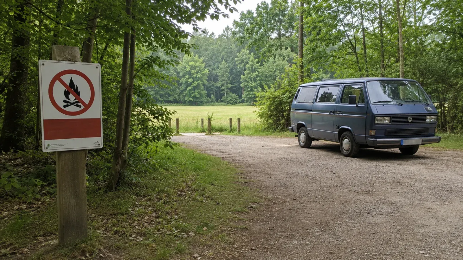 Verbodsbord voor open vuur in bos met blauwe van op onverharde weg.