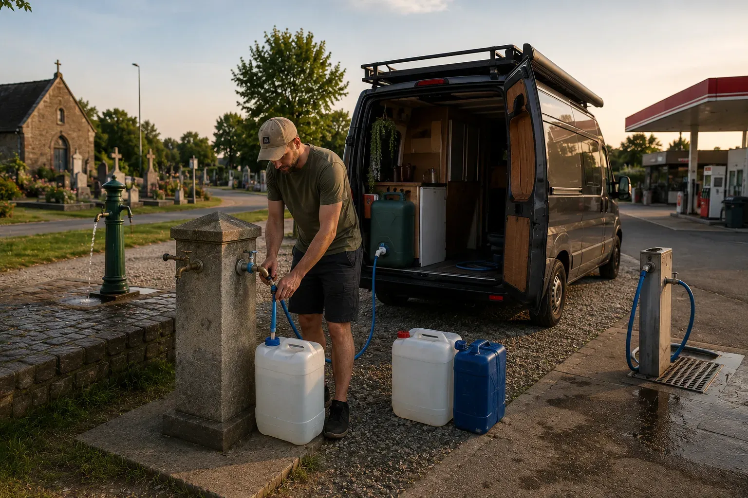 Man vult water in jerrycans bij openbare kraan naast kerkhof en tankstation, met busje op de achtergrond.