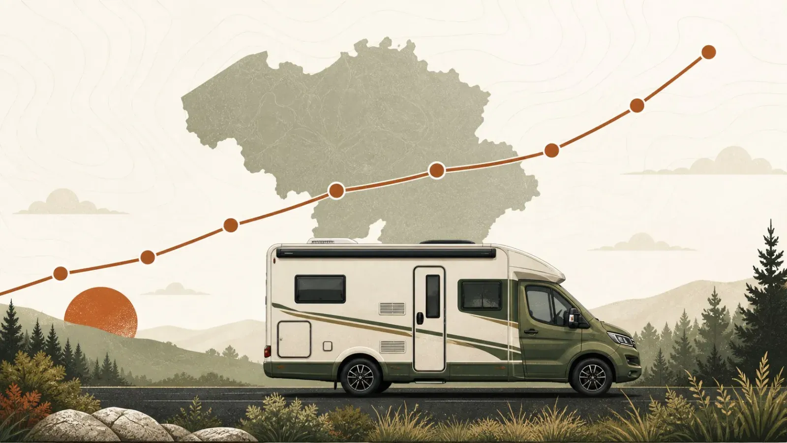 Illustratie van kampeerauto met stijgende grafiek en kaart van België, symbool voor groeiende vanlife registratie