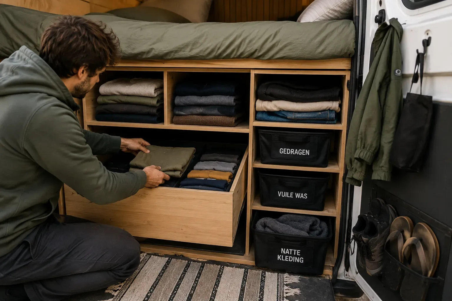 Man organising folded clothes in wooden storage drawers under the bed of a van