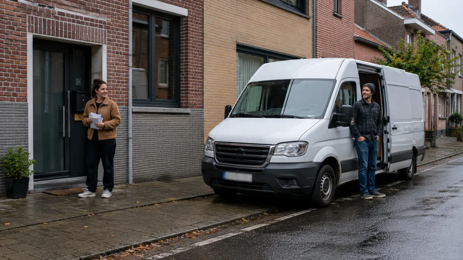 Koppel: vrouw aan huisdeur, man bij witte van op natte straat.