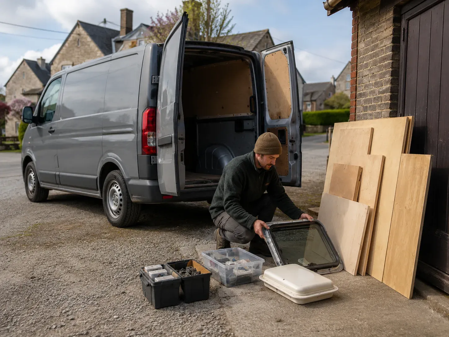 Man sorteert tweedehands materialen naast een grijs busje voor ombouw.
