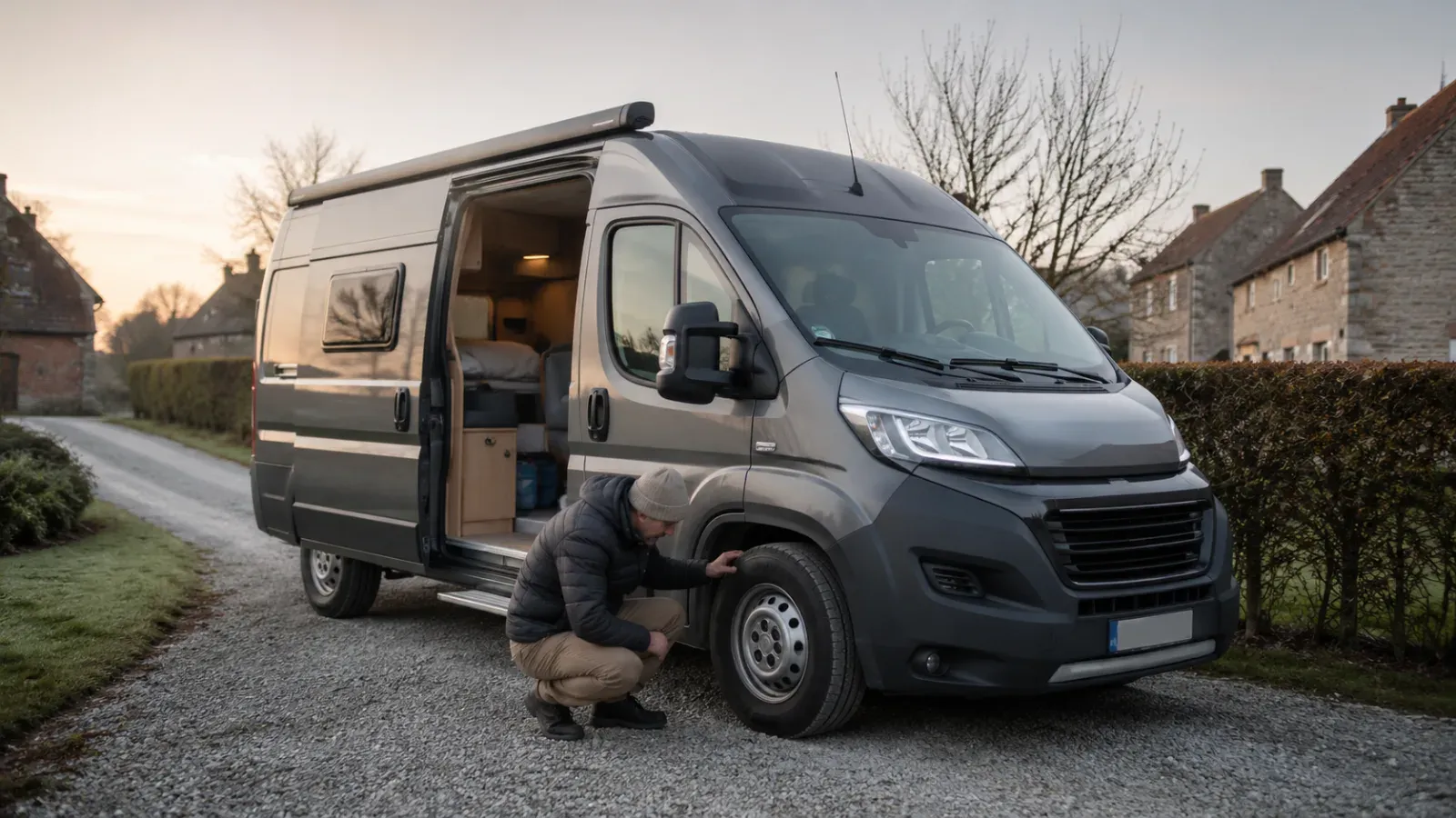 Man controleert band van grijze van op grindpad. Interieur van de van is zichtbaar.