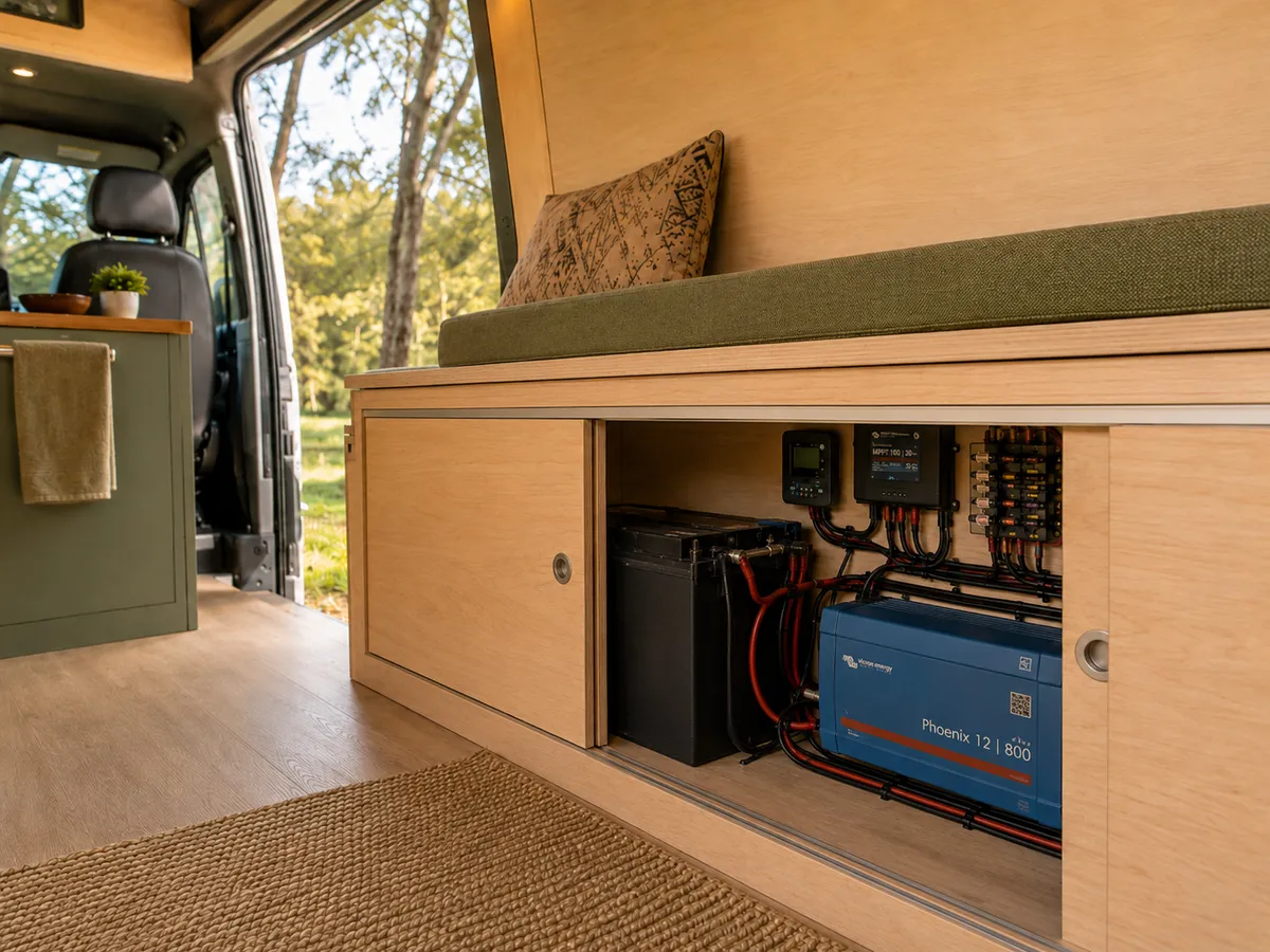 Off-grid elektrisch systeem onder de zitbank van een omgebouwde van, met een accu, een blauwe Victron-omvormer, laadregelaar en zekeringen netjes weggewerkt achter schuifdeuren in eikenhout.