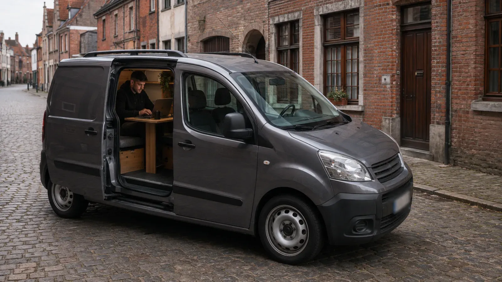 Man werkt aan laptop in grijze van met open zijdeur, geparkeerd op kasseistraat voor bakstenen huizen.