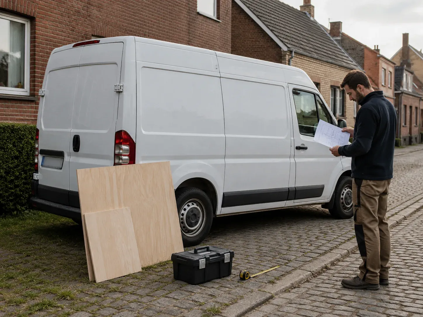 Vanlife ombouw: man leest plannen bij wit busje met hout en gereedschap op straat.