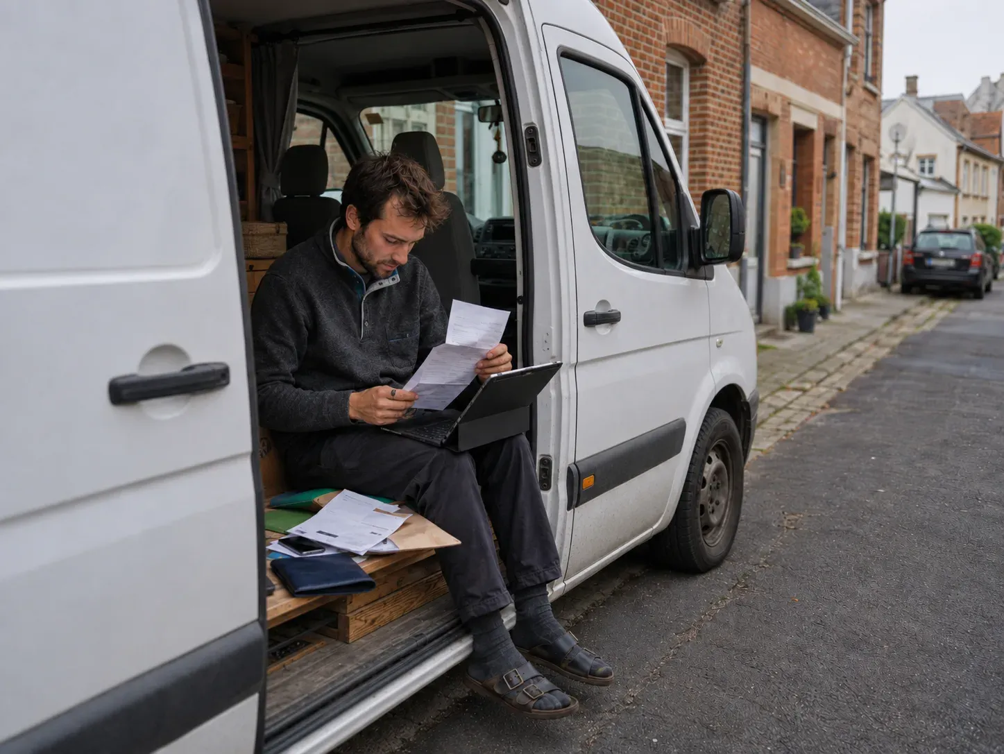 Man zit in open van, leest papieren en gebruikt laptop op straat met huizen.