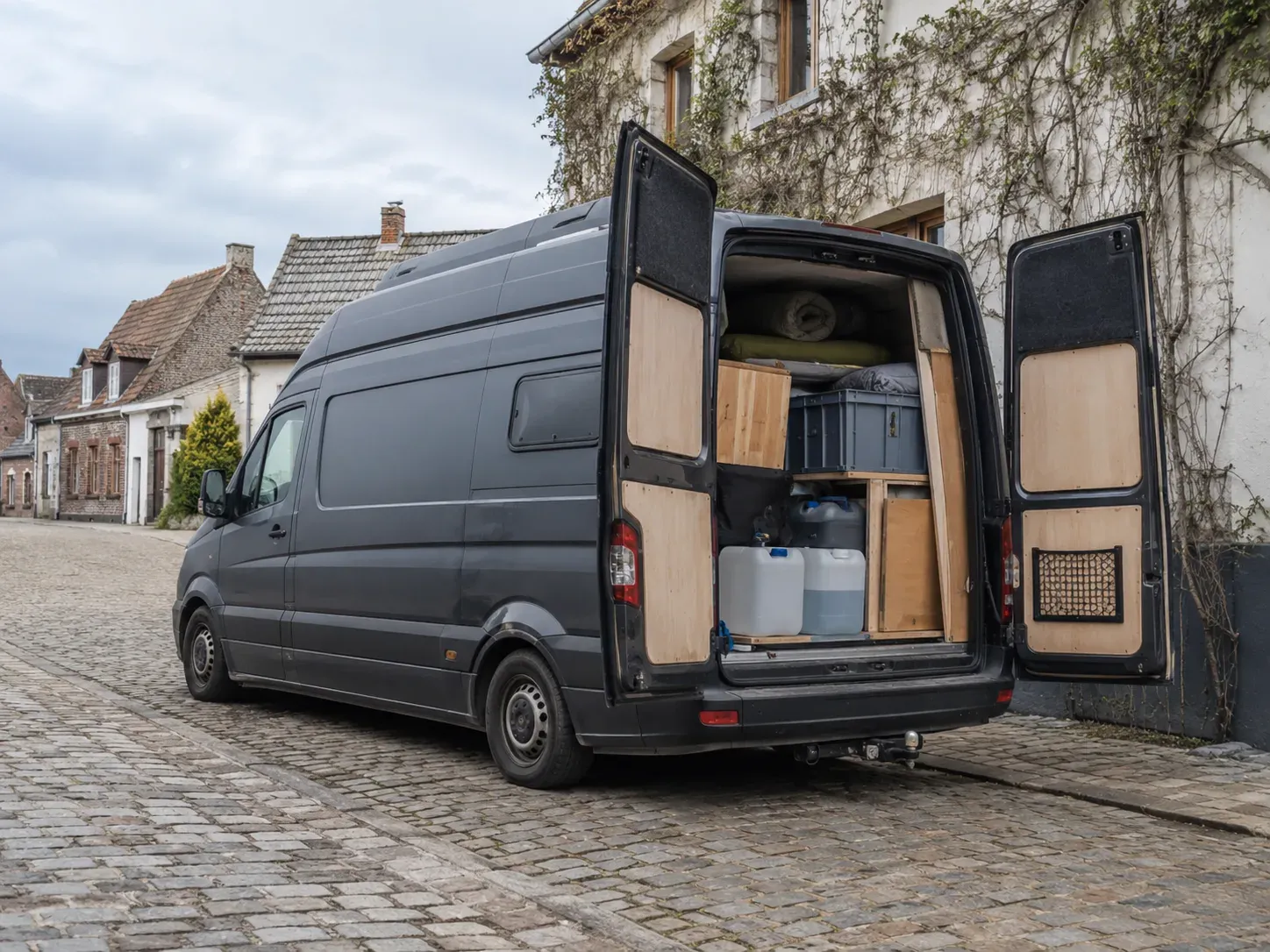 Donkergrijze van met open achterdeuren, interieur met houten inrichting, opbergboxen en waterreservoirs.
