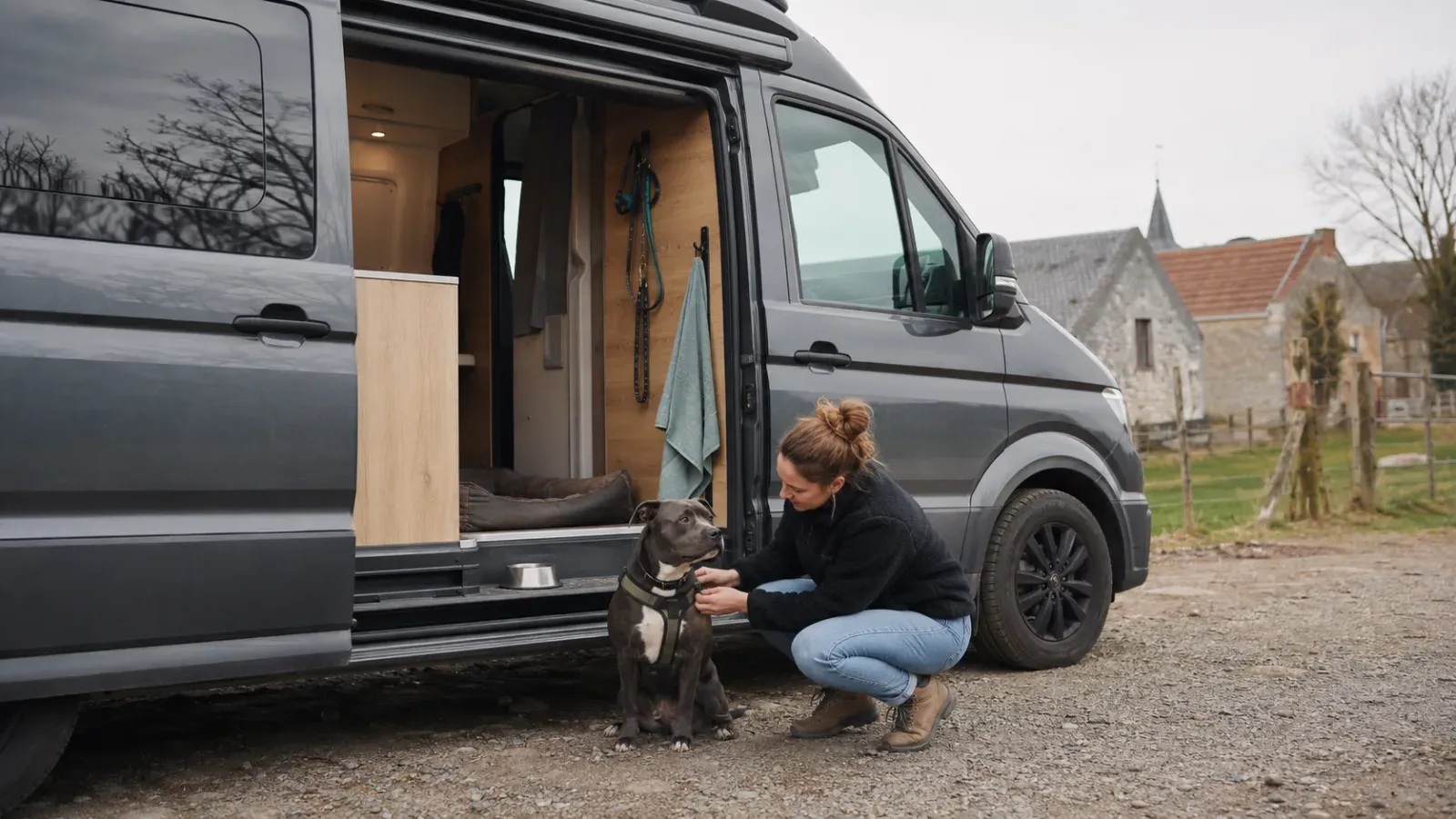 Vrouw aait hond bij open van, interieur zichtbaar. Landelijke omgeving met oude gebouwen.
