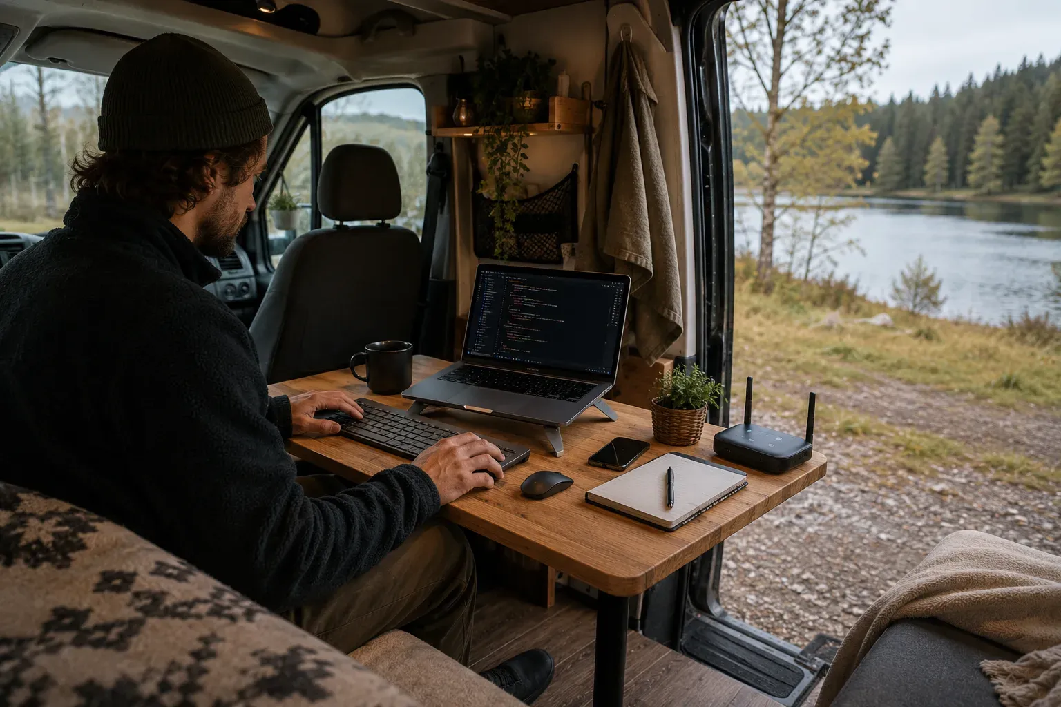 Man werkt op laptop in van, met mobiel kantoor aan een meer in het bos.
