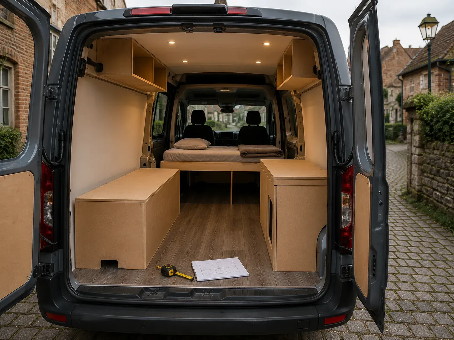 Van interieur met houten meubels, vast bed en opbergkasten. Een praktische indeling voor vanlife.
